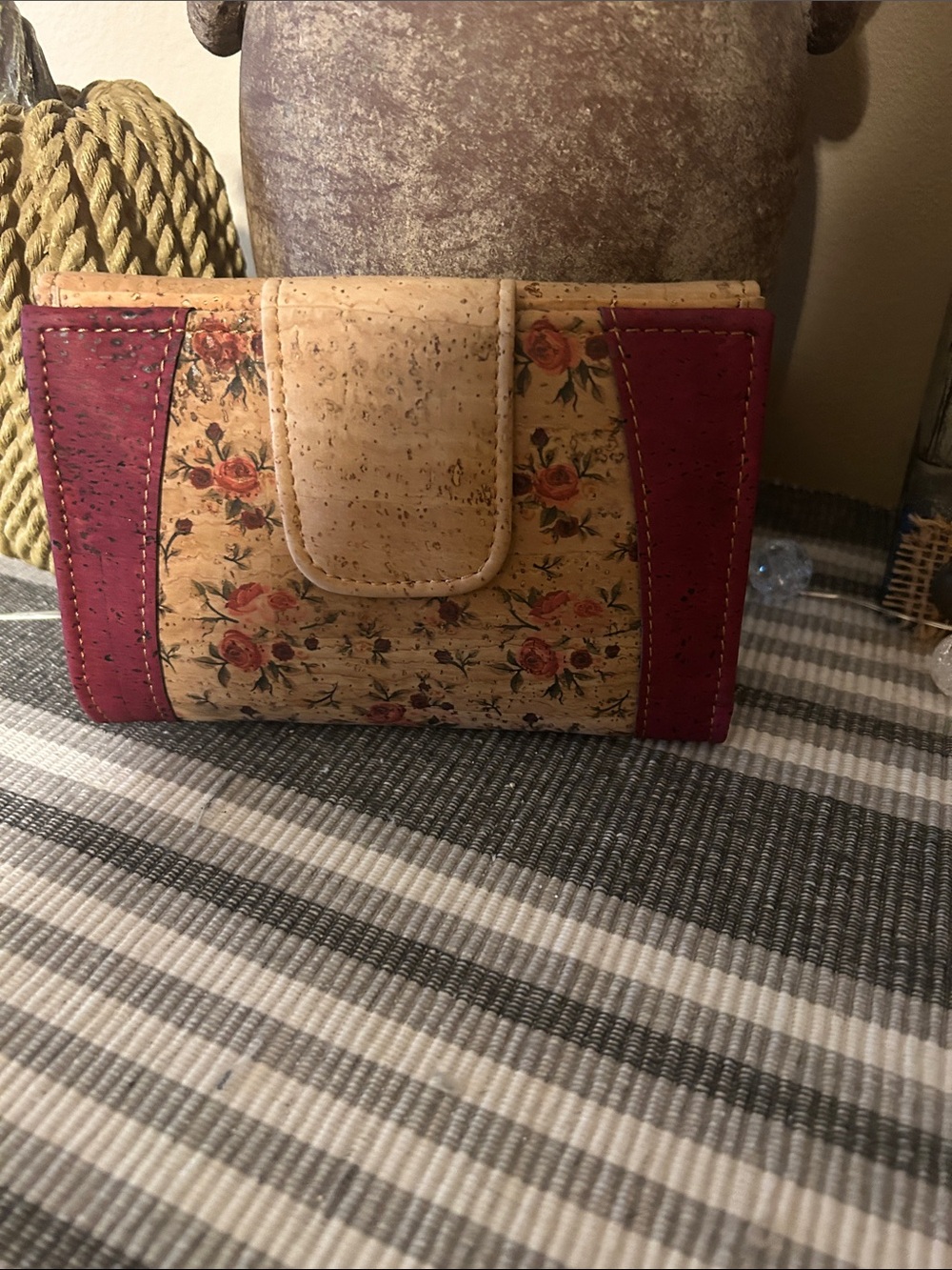 Floral Cork Like Envelope Wallet with Wine Red Accents